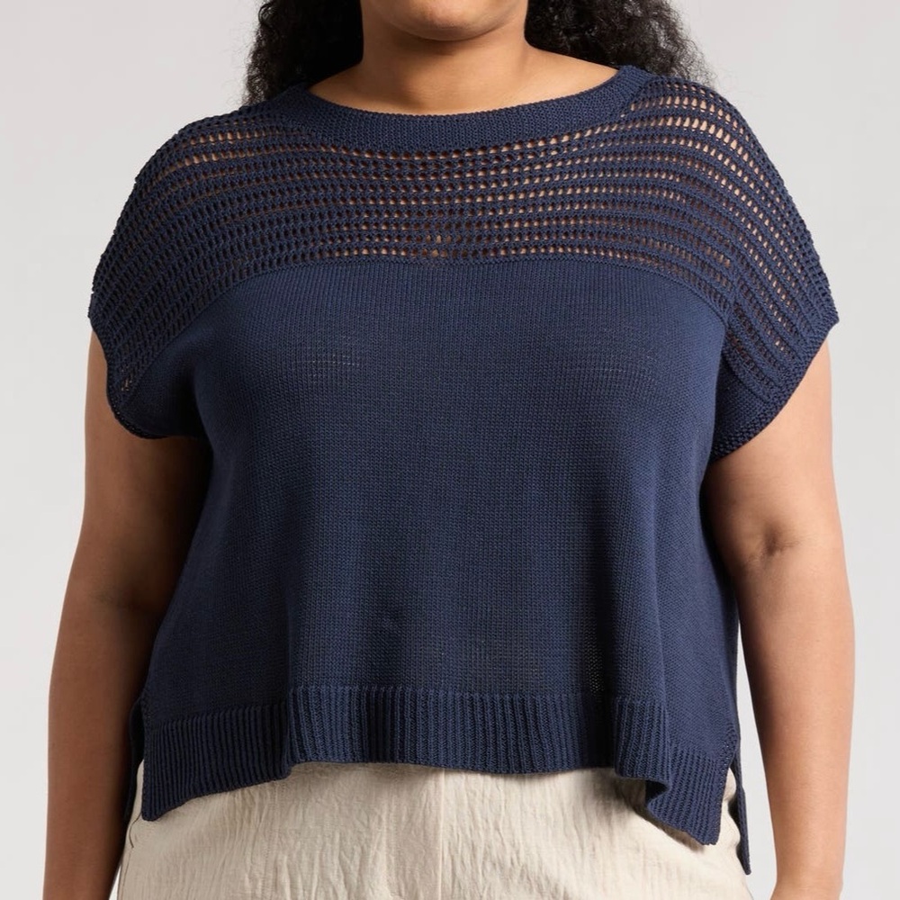 🟤NWT! MAX STUDIO Plus Open Weave Dolman Linen/Tencel Blend Sweater in Navy 1X